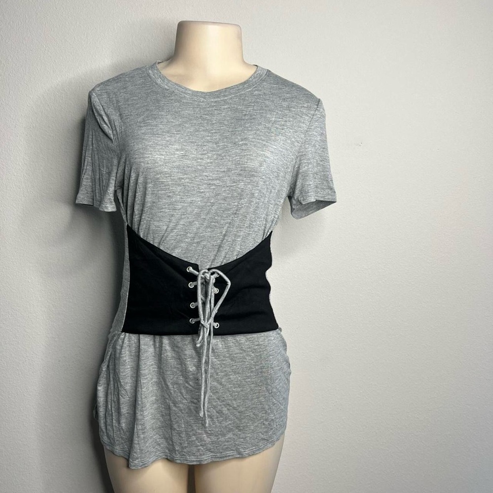Gray and Black Lace Up Women's Top